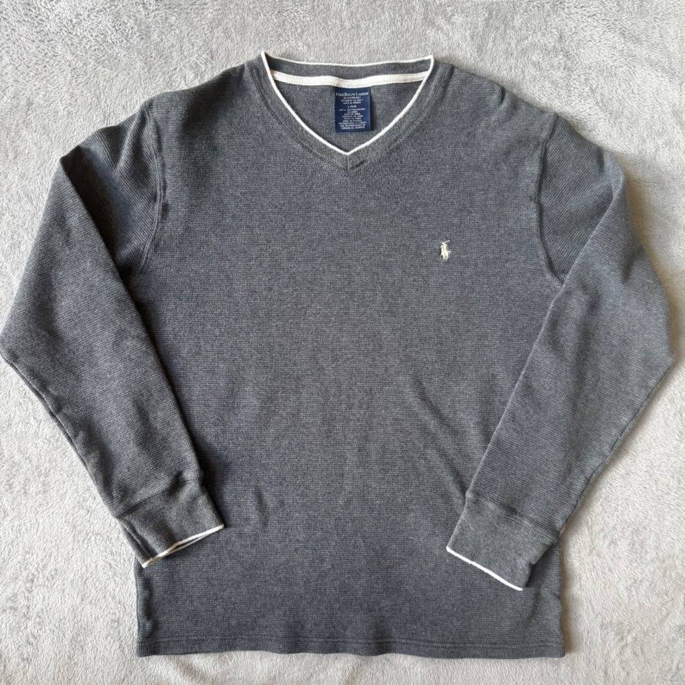 Polo Ralph Lauren Mens Grey Waffle Knit Thermal V-Neck Sleepwear Shirt Large L